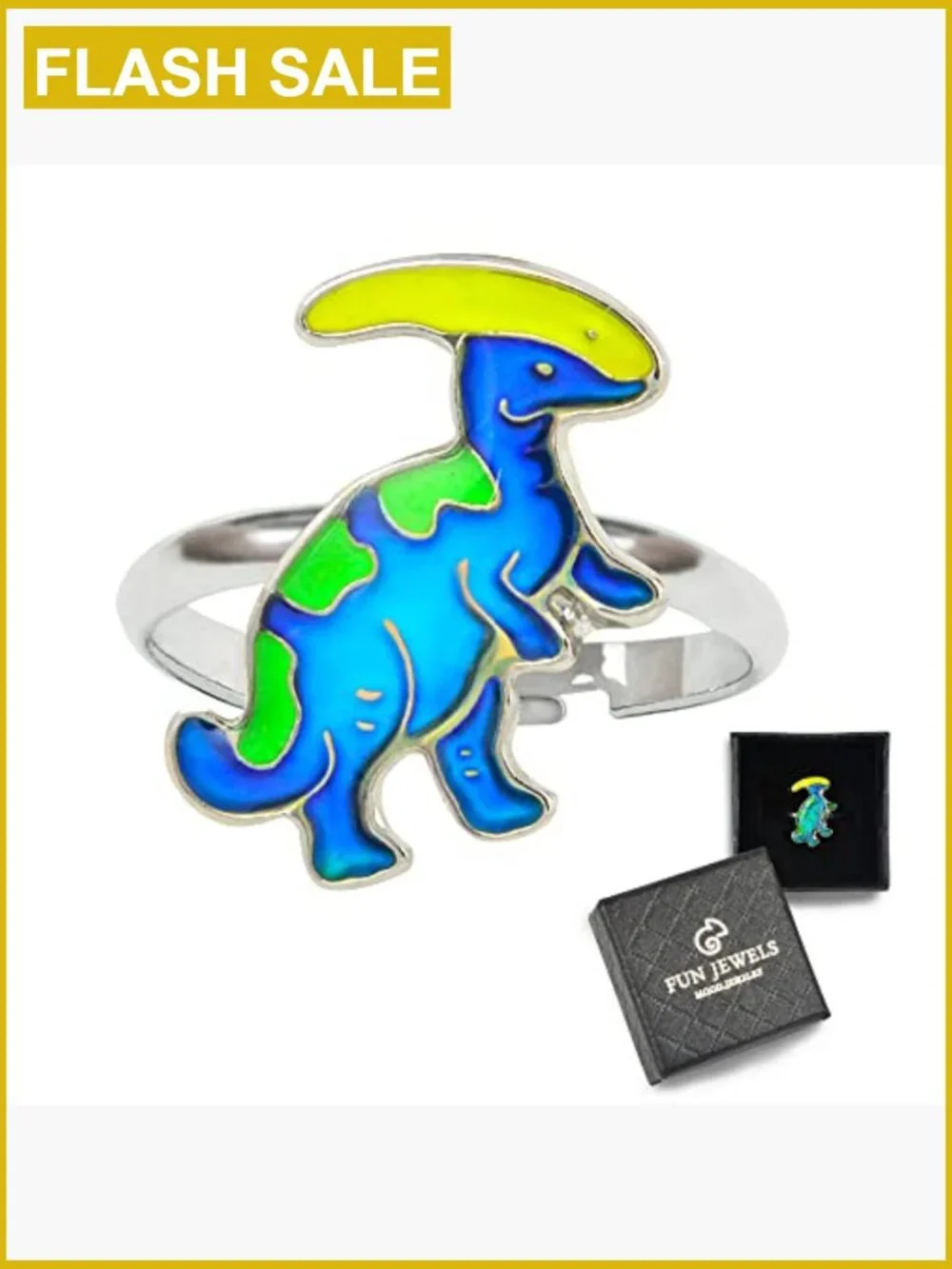 Dinosaur Color Changing Mood Ring for Kids Adjustable Size Parasaurolophus